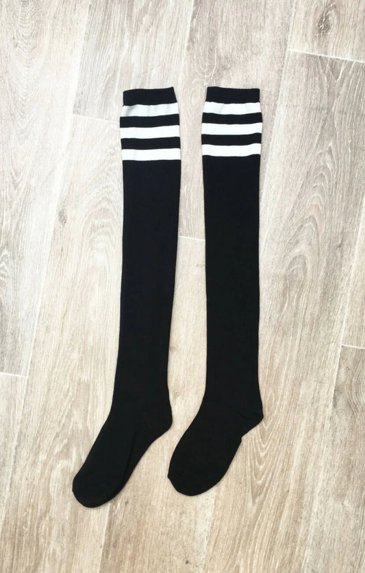 LUNALAE BLACK THIGH HIGH SOCKS WITH WHITE STRIPE