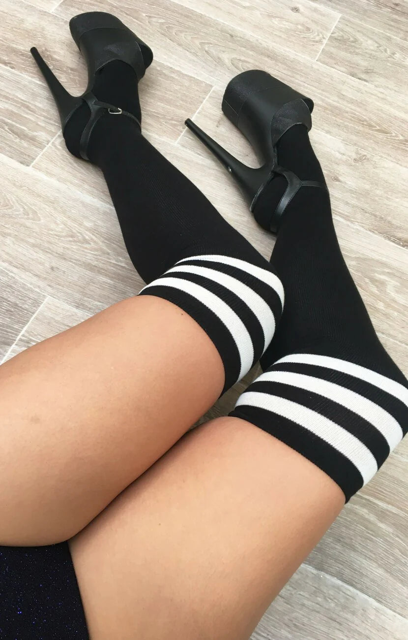 LUNALAE BLACK THIGH HIGH SOCKS WITH WHITE STRIPE