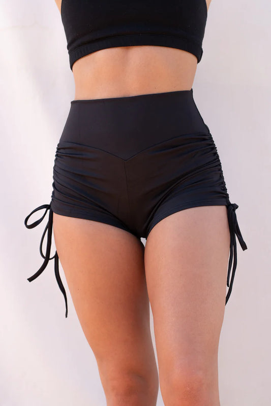 LUNALAE HIGH WAIST DRAWSTRING SHORTS - SCRUNCH BOOTY SHORTS - SVART